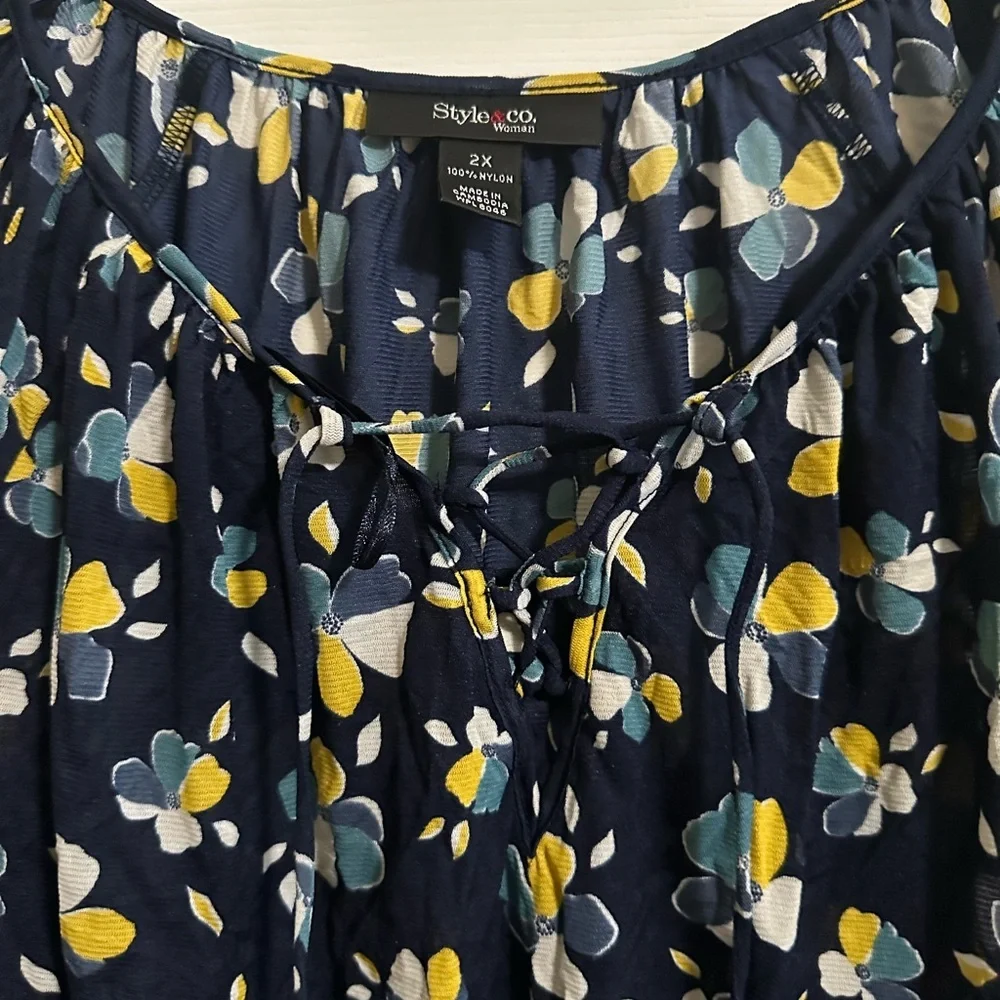 Style & Co Womens Top 2X Long Elastic Sleeves Pullover Sheer Blue Floral NWT - Picture 2 of 4